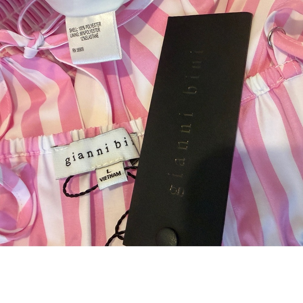 Gianni Bini Pink White Striped Smocked Bubble Hem Mini Dress Coquette Barbiecore - Picture 6 of 15